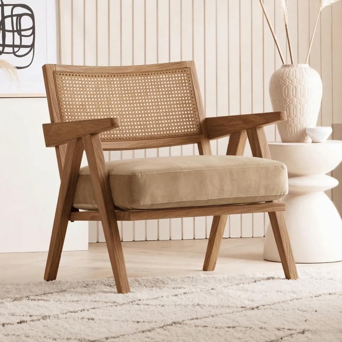 Kingsman Furnitures ABEL Rattan Teak Wood Accent Arm Chair for Home Bedroom, Living, Dining, Drawing Room | Ultra Soft and Comfortable for Stress Free | Removable Cushion (Natural-Beige-Velvet)