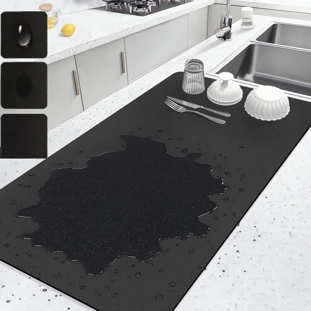 Dish Drying Mat Large – Water Absorbing Mat for Kitchen, Kitchen mat for Drying Utensils, Kitchen Drying Mat for Wet Utensils, Drying Mat for Kitchen Utensils Large (Dark Black, 60 x 40 Cm)