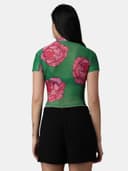 POPWINGS Women Casual Green Black Geomatrics Print Halter Neck Half Sleeve Net Crop Top 3