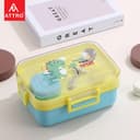ATTRO Monark Dinosaur Themed Kids Lunch Box with Inner Steel 3 Compartment 1 Small Container, Stainless Steel, 1 Spoon & Separate Internal Lid Leakproof- 750ml+70ml Yellow 3