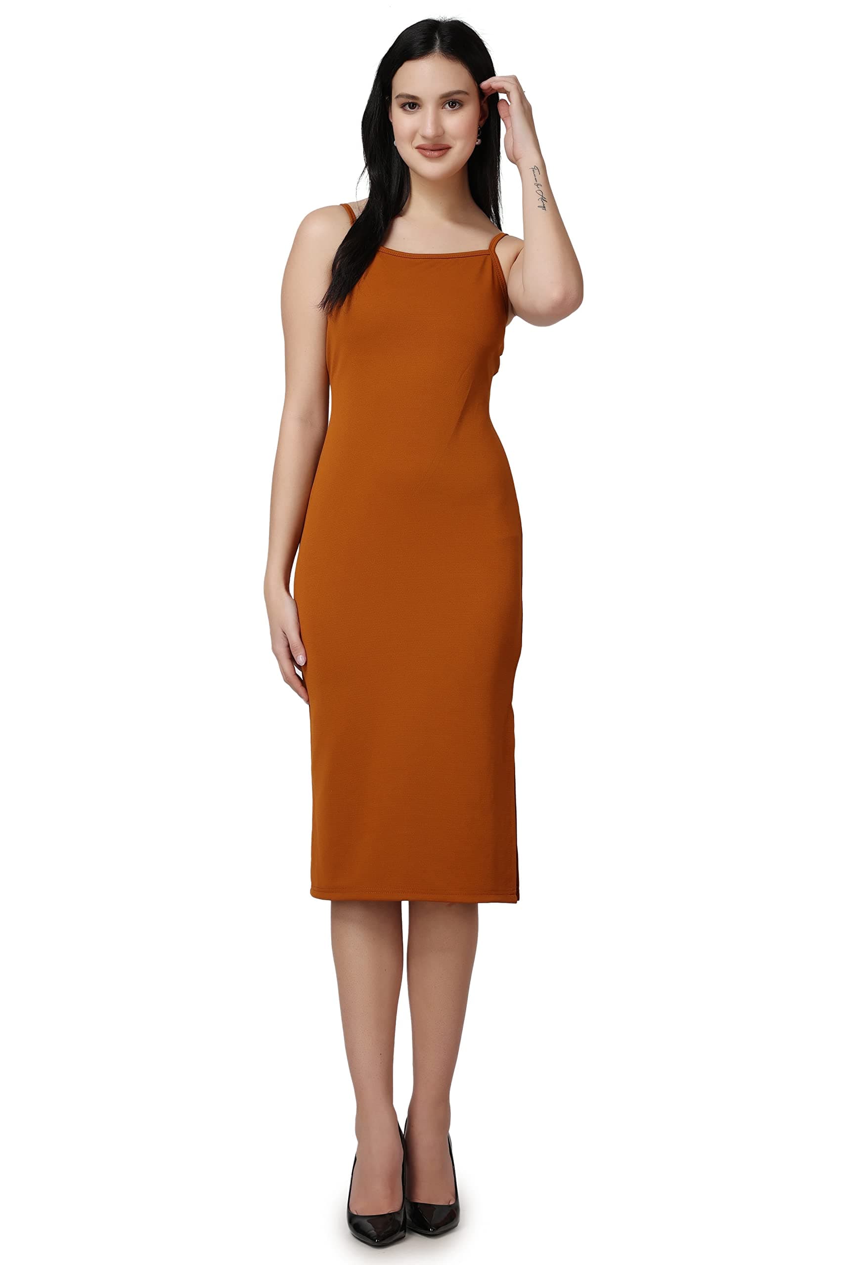 POPWINGS Casual Solid Knee Length Bodycon Dress for Women | Strap Boat Neck Bodycon Dress for Women | Summer Stylish Western Bodycon Dresses for Women