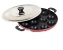 Mumma's LIFE Non-Stick 12 Cavity Grill Appam Patra 2 Side Handle with Stainless Steel Lid | Appam Maker | Appam Patra | Appam pan | Litti Maker | Appe Stand Red (22 cm) 1
