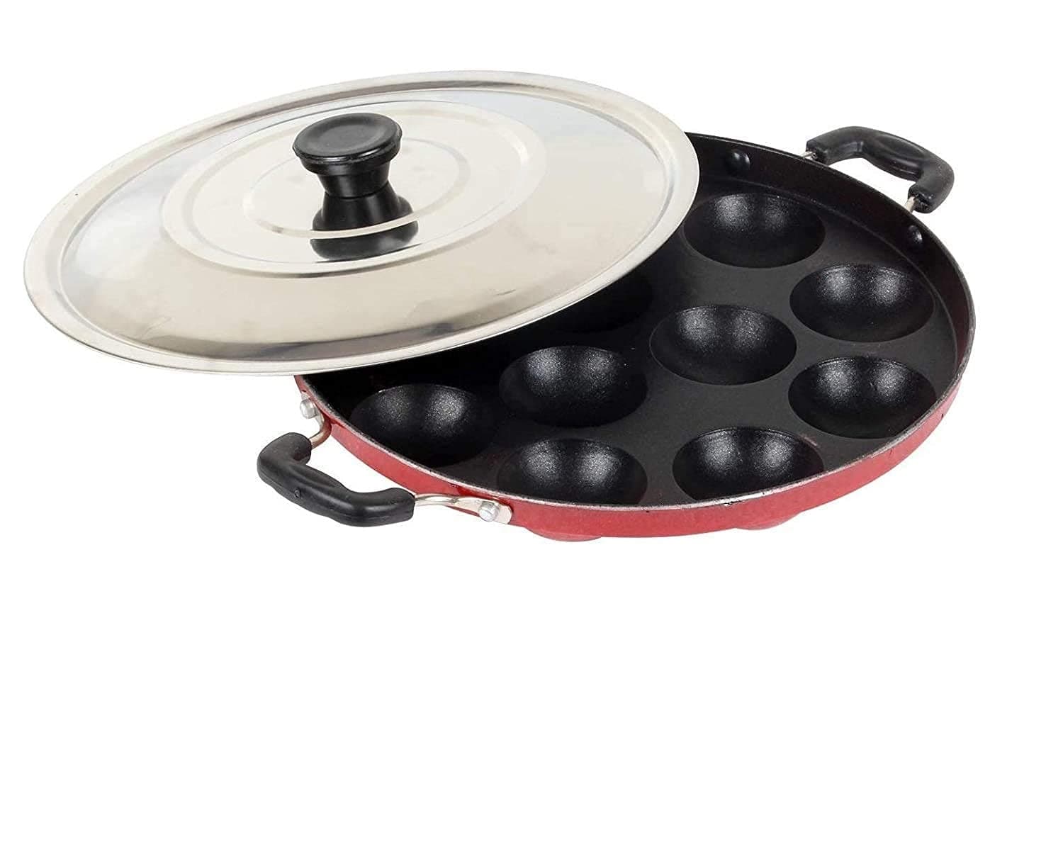 Mumma's LIFE Non-Stick 12 Cavity Grill Appam Patra 2 Side Handle with Stainless Steel Lid | Appam Maker | Appam Patra | Appam pan | Litti Maker | Appe Stand Red (22 cm)