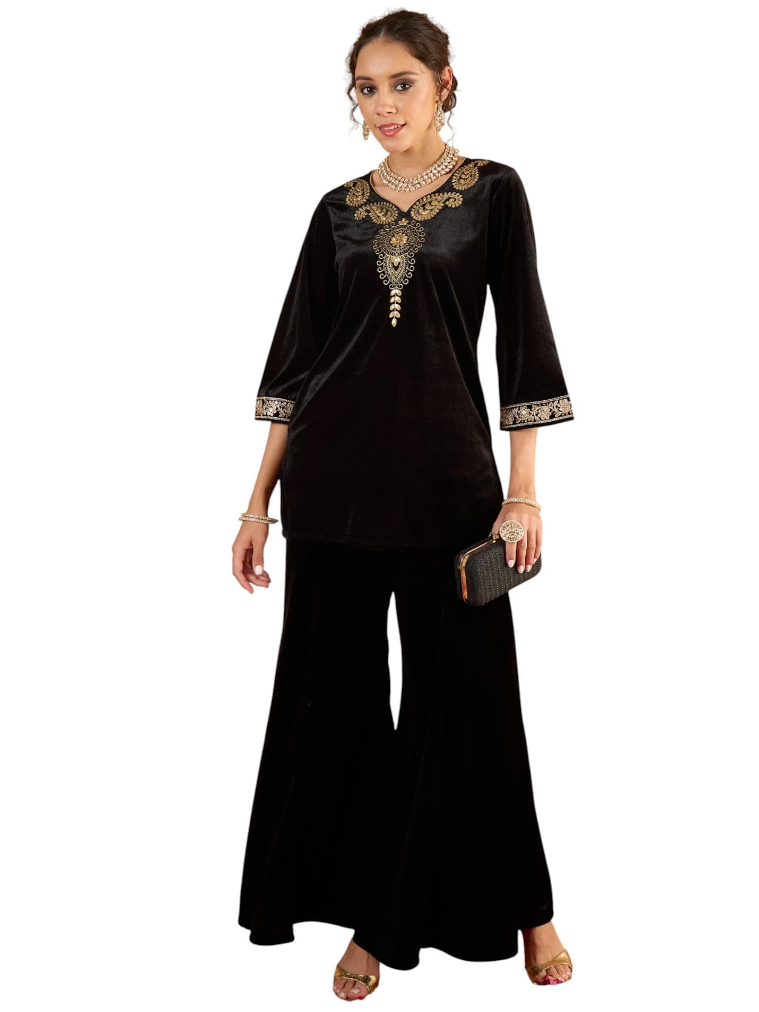 Shae by SASSAFRAS Women Velvet Emb V-Neck Short Kurta With Palazzos