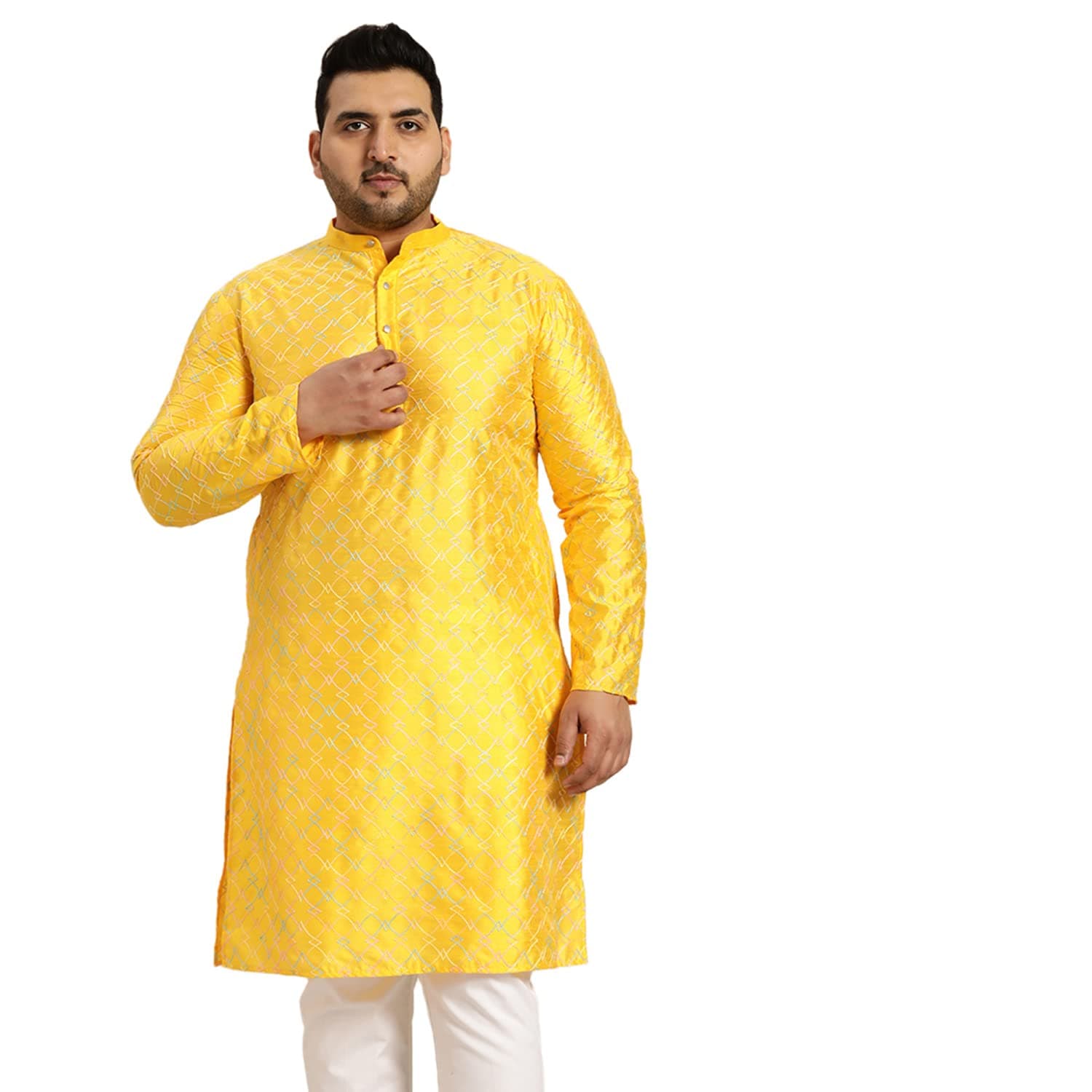 SOJANYA Plus (Since 1958), Men's Navy Blue Silk Blend Long Kurta with Multi Color Embroidery