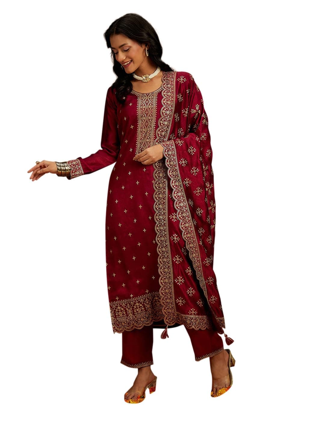 Libas Womens Embroidered Silk Blend Straight Kurta With Trousers and Dupatta | ethnic wear | bridal suit | wedding dress | occasion wear