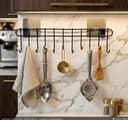 Wall Mounted Kitchen Utensil Hanger with Adhesive Hooks | Heavy Duty Metal Spoon & Ladle Holder Rack | No Drilling Kitchen Organizer for Cooking Tools, Cups & Accessories (Black) 2