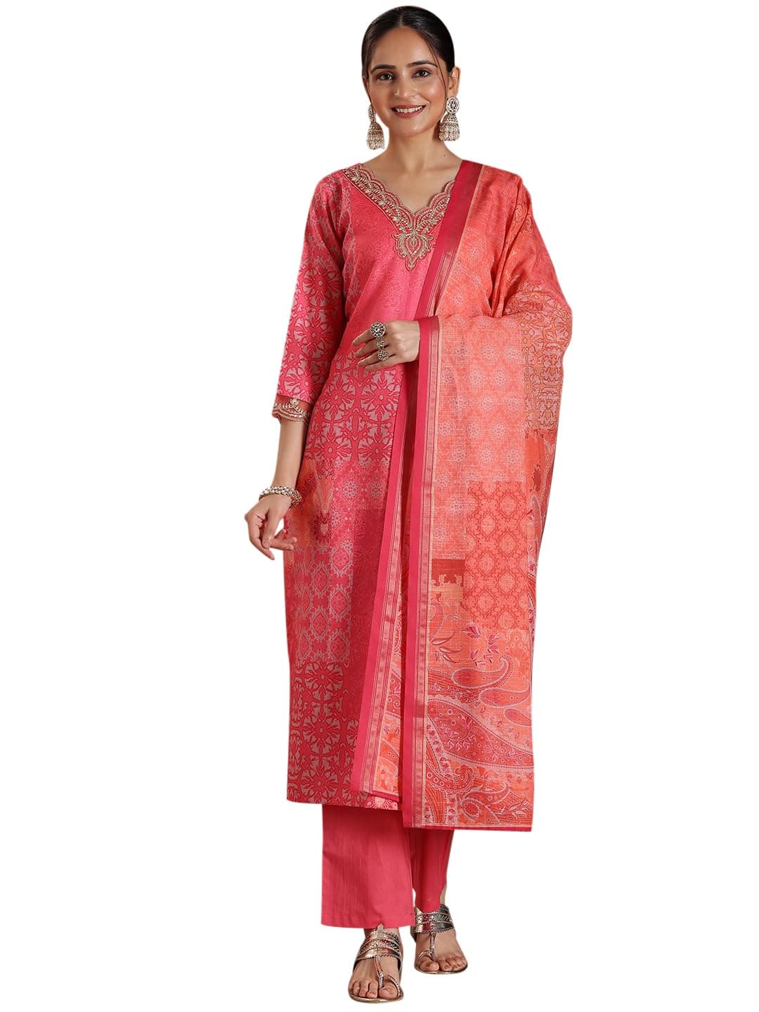 Libas Womens Printed Linen Straight Kurta With Trousers and Dupatta | daily wear suit
