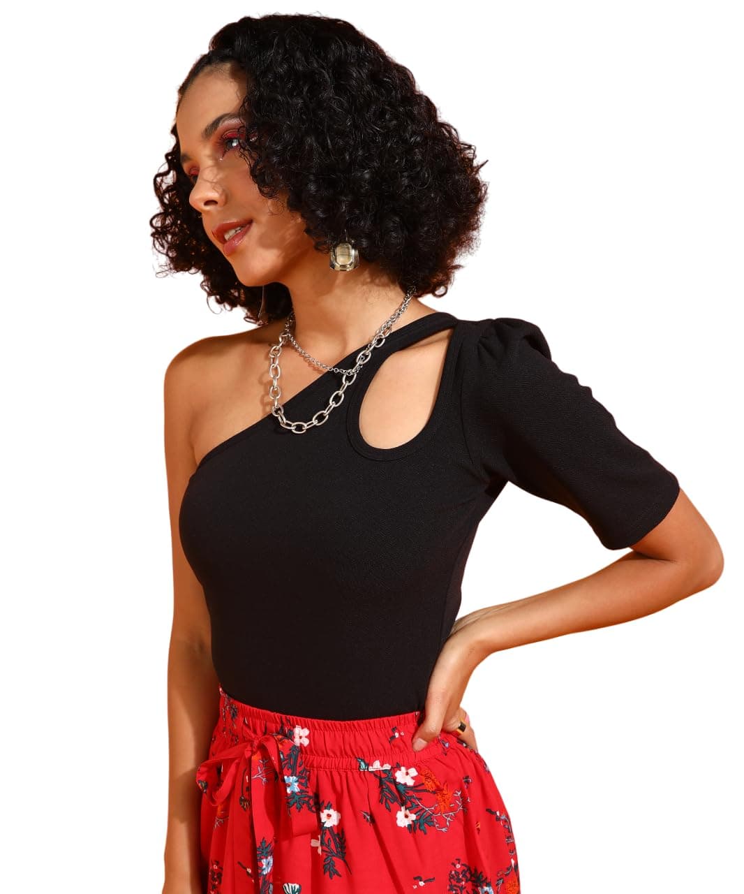 POPWINGS Women Casual Black Assymtrical One Side Sleeve Crop Top Tops for Women | Stylish Tops for Women | Trendy Tops Women