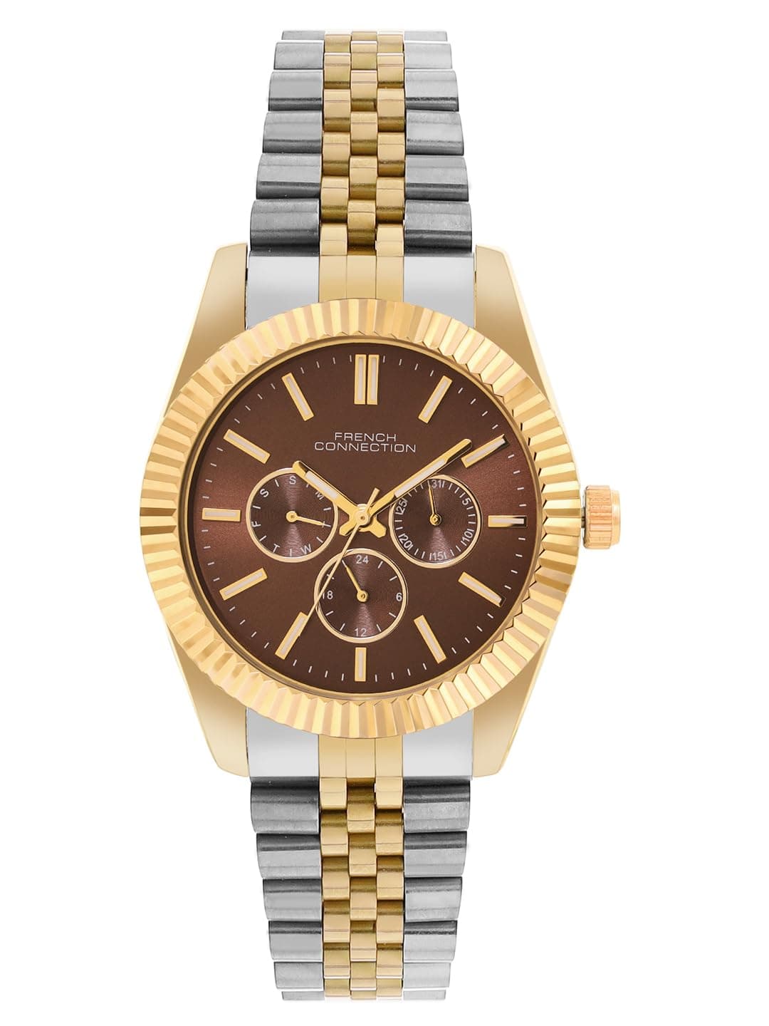 French Connection Sunray Brown Round Dial with Gold Two Tone Stainless Steel Metal Strap Multifunction Watch - for Mens FCN0124TM