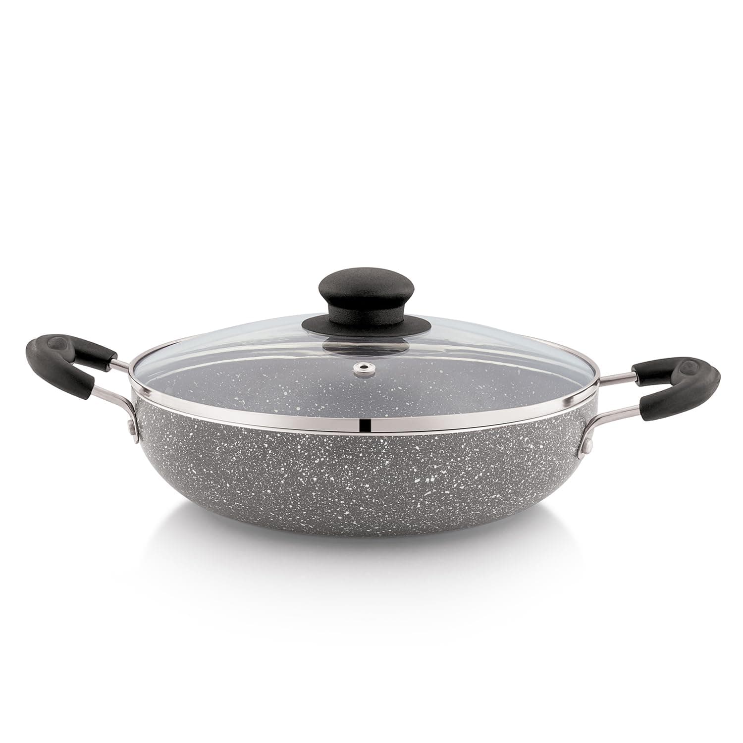 Amazon Solimo Non-Stick Kadai with Glass Lid | Granite Finish | Induction Base | PFOA Free | High Temperature Resistant Exterior Coating | 22 cm | Grey
