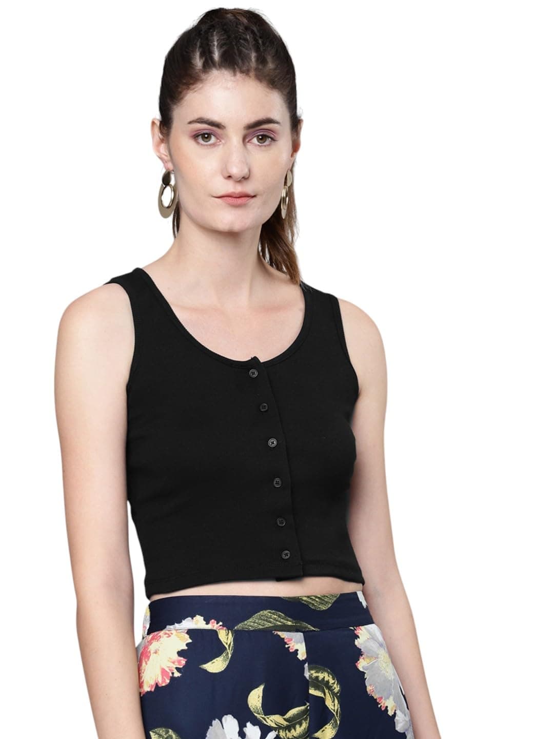 SASSAFRAS Black Front Button Sleeveless Rib Crop Top