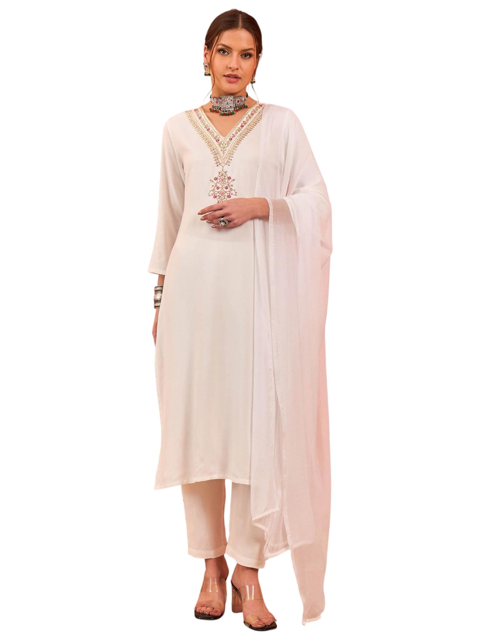 Shae by SASSAFRAS Women Rayon Embroidered Kurta With Pencil Pants & Dupatta