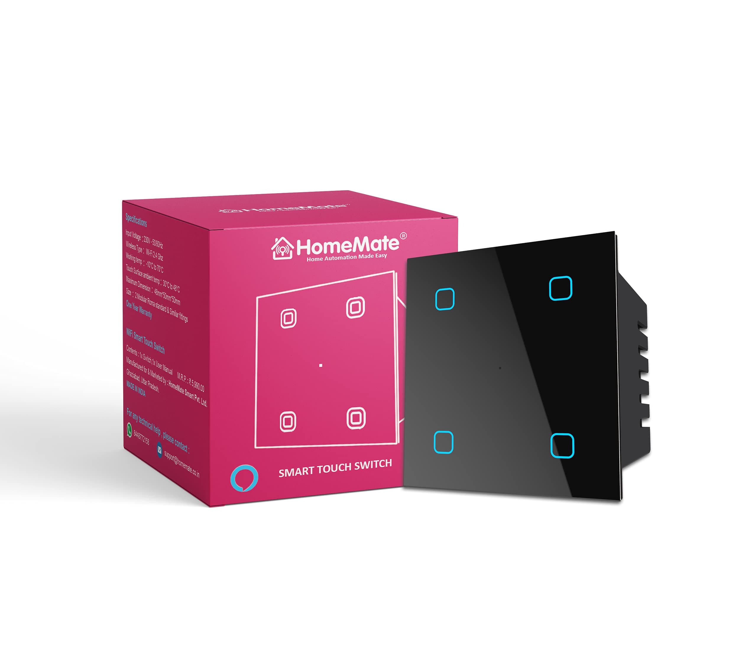 HomeMate® Wi-Fi Smart 4 Gang Touch Switch (Black, Pack of 1) | No Hub Required | Works with Amazon Alexa, Google Assistant & Siri