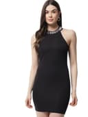 POPWINGS Solid Halter Neck Bodycon Dresses for Women| Polyester Sleeveless Knee Length Bodycon Women Dress 1