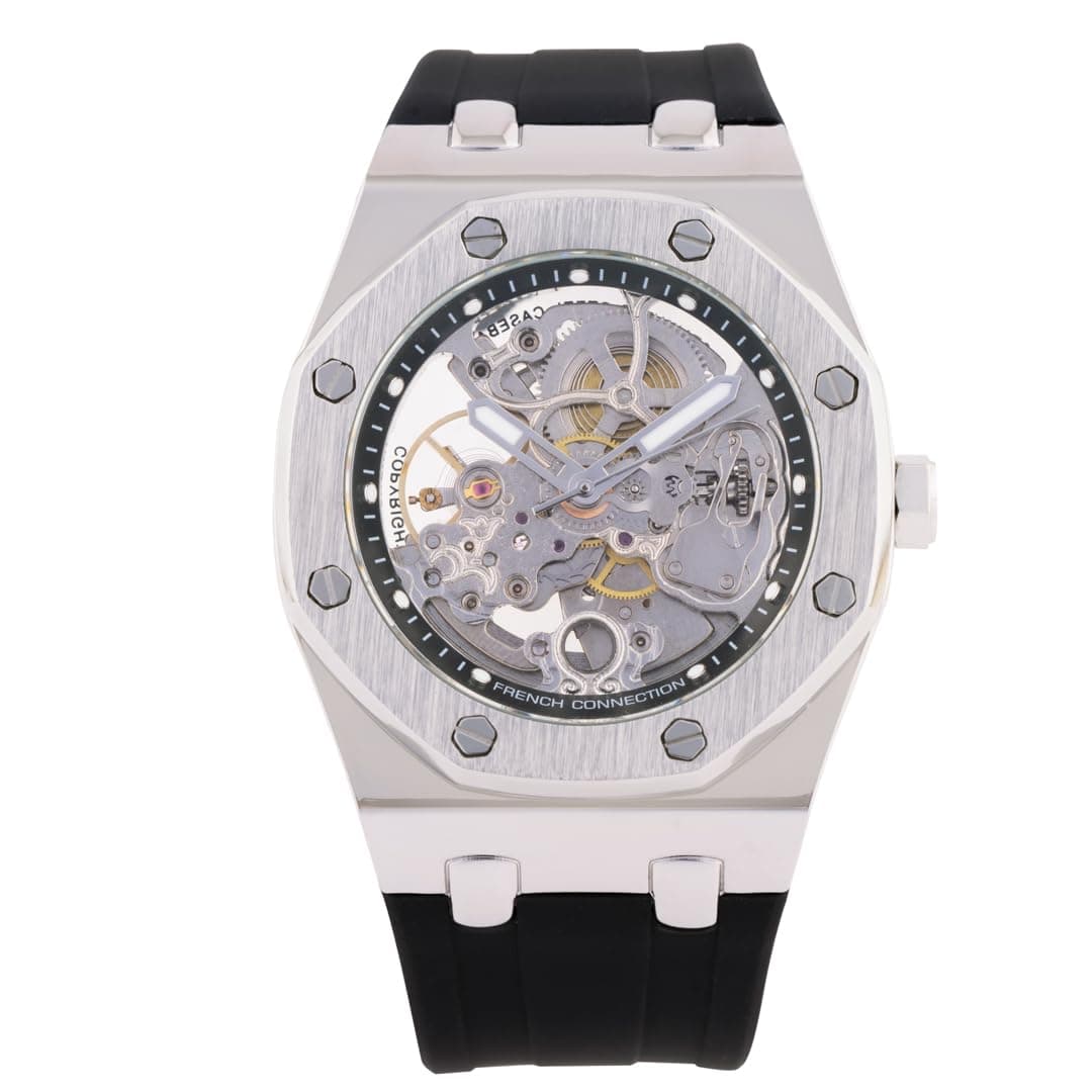 French Connection Stellar | Skeleton Dial | Black Silicone Strap | Premium Mechanical Movement | Automatic Watch for Men | FCK2B-S