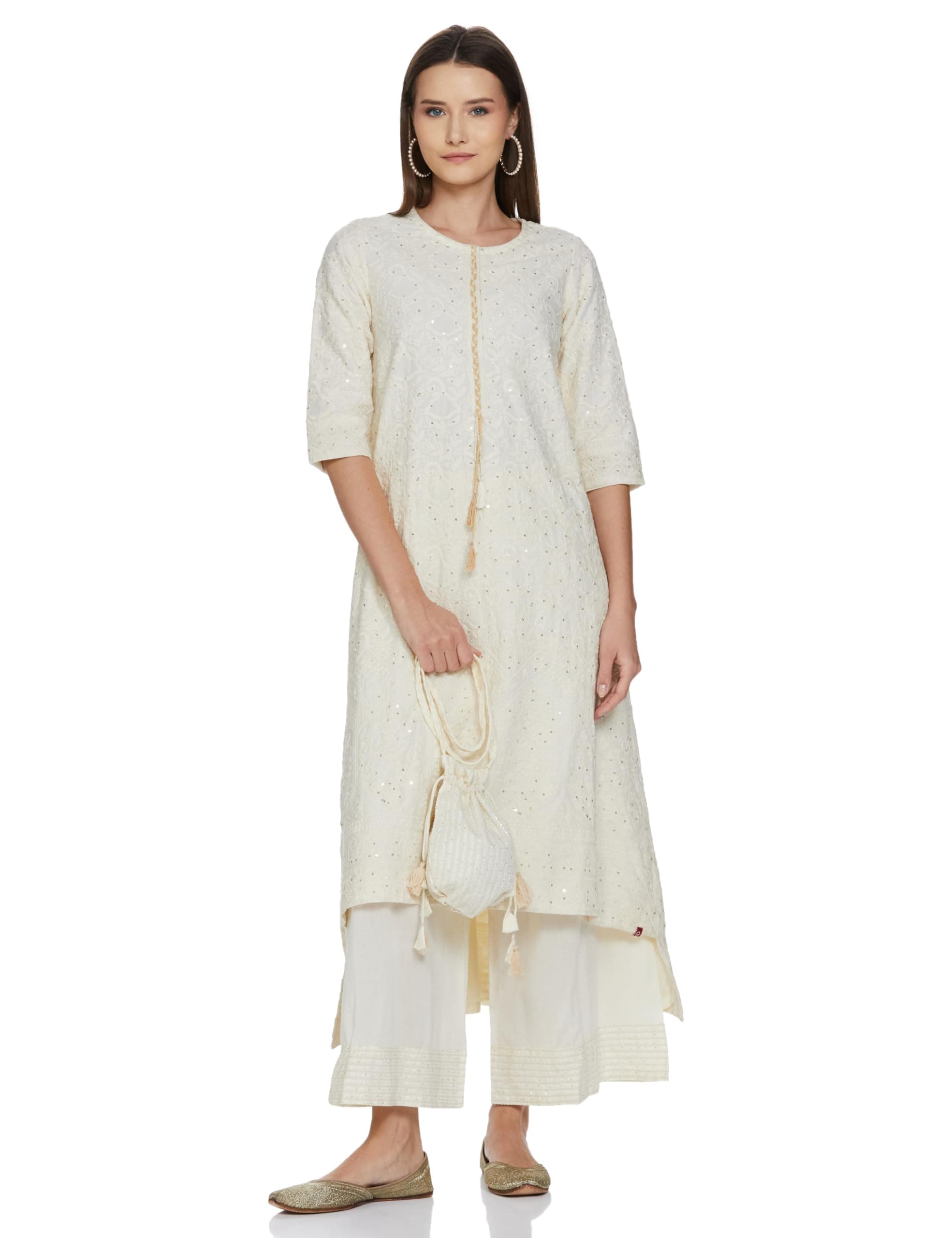 BIBA Women Cotton Asymmetric Embroidered Suit Set