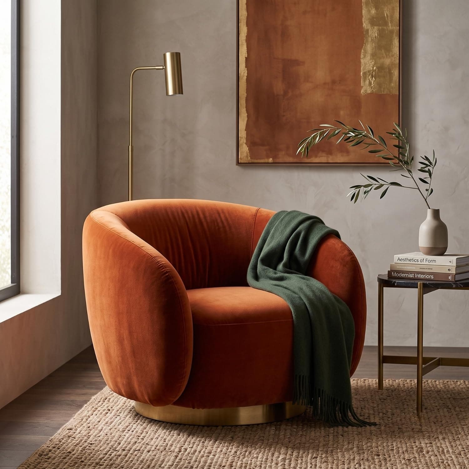 Kingsman Furnitures Brok Swivel Luxury Accent Arm Chair 360 Degree Rotatable Sofa for Home | Bedroom, Living & Drawing Room | Ultra Soft and Comfortable for Lounge (Burnt Orange, Non-Swivel)
