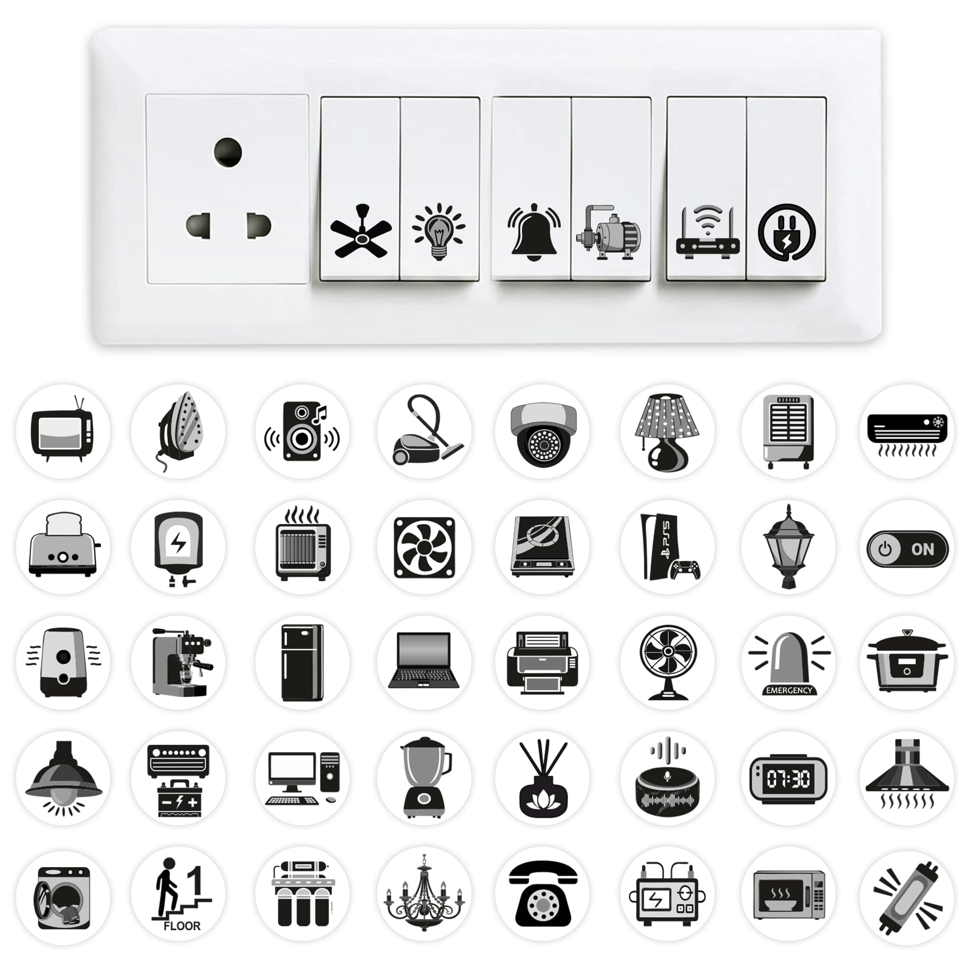 GLUN® 600 Switch Board Stickers 60+ Icons (Monochrome Black) | Luxury Vinyl Decorative Switch Stickers for Home, Hotel, Office & School | Self Adhesive, Waterproof & Removable
