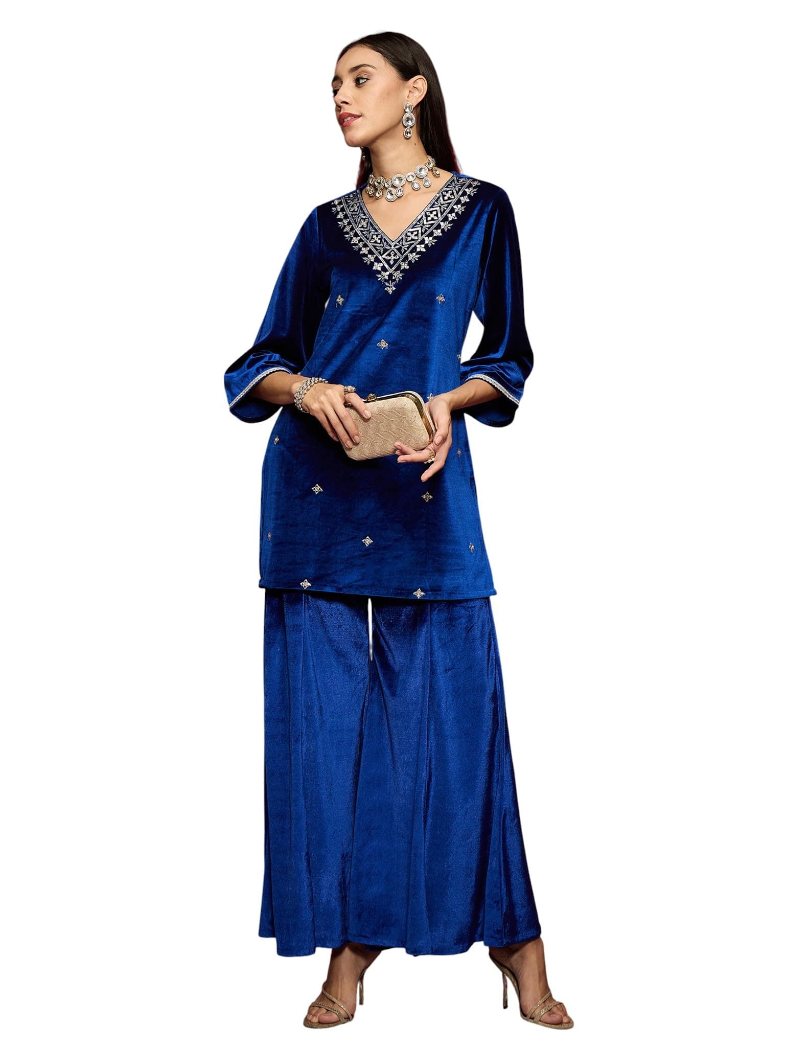 Shae by SASSAFRAS Women Velvet Emb V-Neck Short Kurta With Palazzos