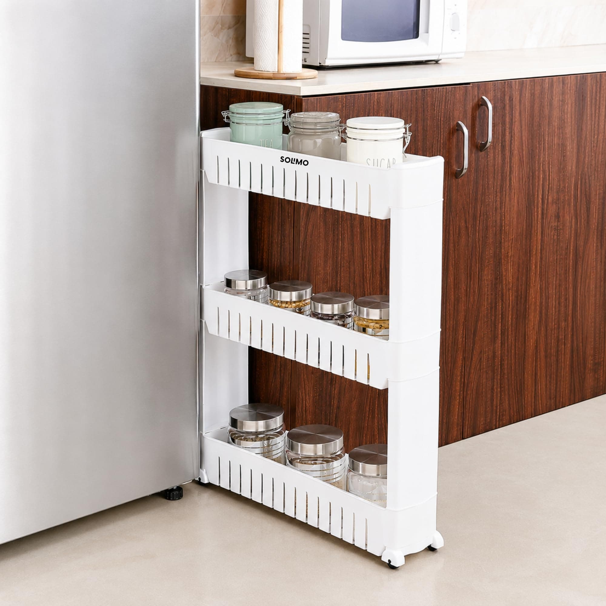 Amazon Basics Slim Rolling Storage Rack – 3-Tiered Shelf Plastic Slide-Out Organizer | Space-Saving, Multipurpose | for Kitchen, Bathroom, Laundry, Pantry & Utility Storage | Floor Standing | White