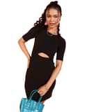 POPWINGS Women Casual Black Solid Self Design Front Cutout Dress | Women Dress | Short Sleeve Dress | Round Neck Dress | Above Knee Length Dress 1