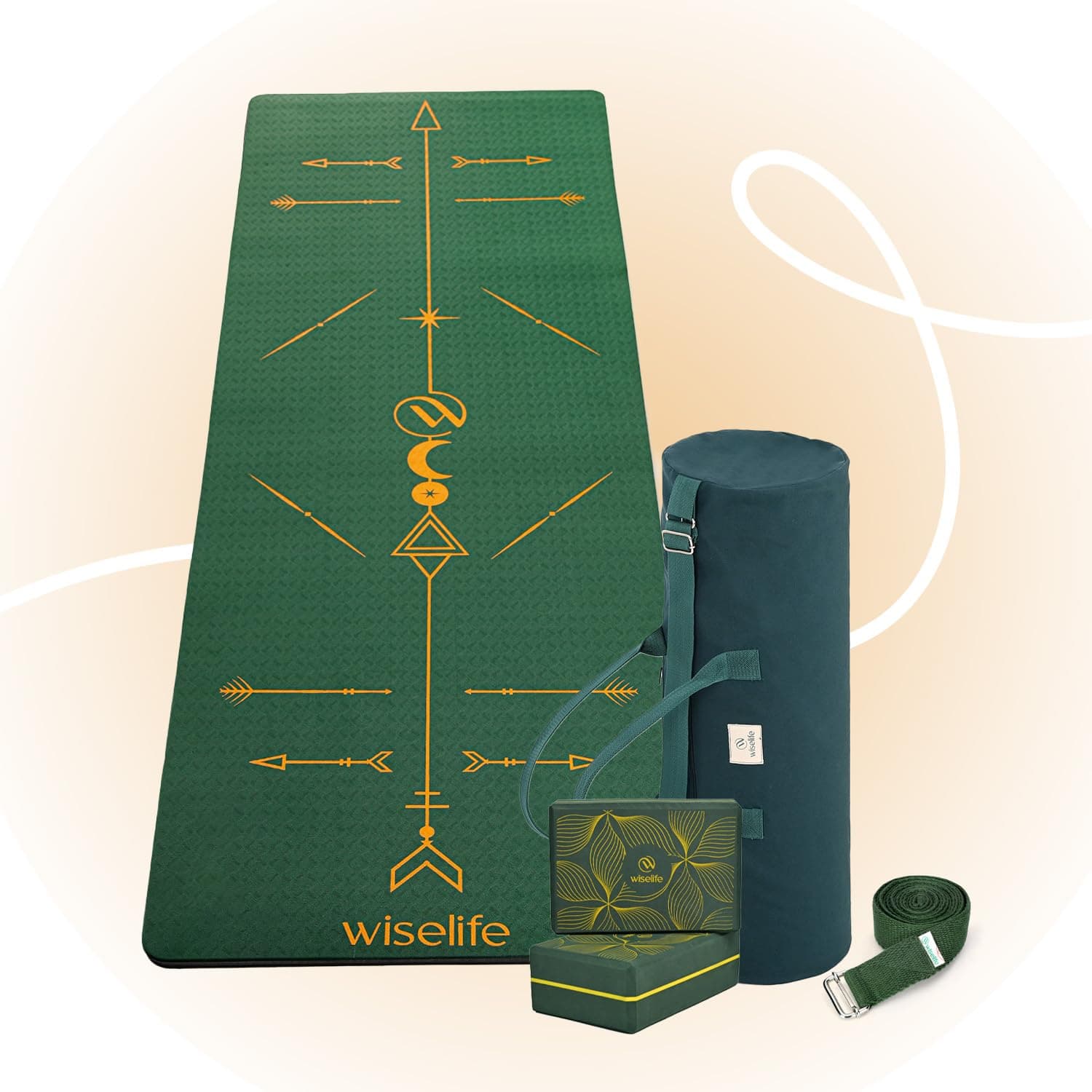 WiseLife Boho Alignment Yoga Kit 8mm | Yoga Mat,Carry Bag,Stretch Strap & Yoga Blocks | Non-Slip,Durable & Lightweight | Ideal for Yoga,Pilates,Gym,Home Workout,Fitness & Flexibility Training(Green)