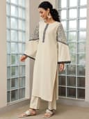 Libas Beige solid straight kurta with floral embroidered sleeves with solid palazzo and dupatta | ethnic wear | bridal suit | wedding dress | occasion wear 3