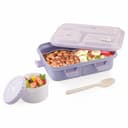 ATTRO Smiley Bite Plastic Lunch Box – 3 Compartment Bento Tiffin, Leak-Proof & Durable, Plastic Spoon, Ideal for Kids, School, Picnic– 1220ml+200ml, Purple 1