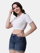 POPWINGS Women Casual Black Solid Collar Crop Top 2