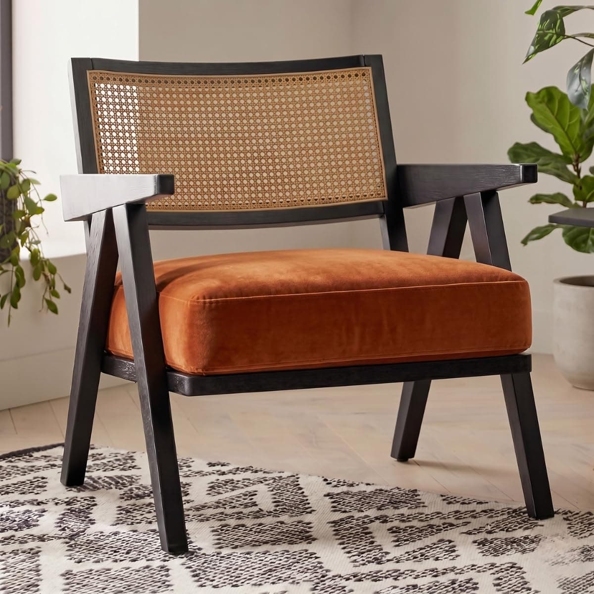 Kingsman Furnitures ABEL Rattan Teak Wood Accent Arm Chair for Home Bedroom, Living, Dining, Drawing Room | Ultra Soft and Comfortable for Stress Free | Removable Cushion (Black-Burnt-Orange-Velvet)