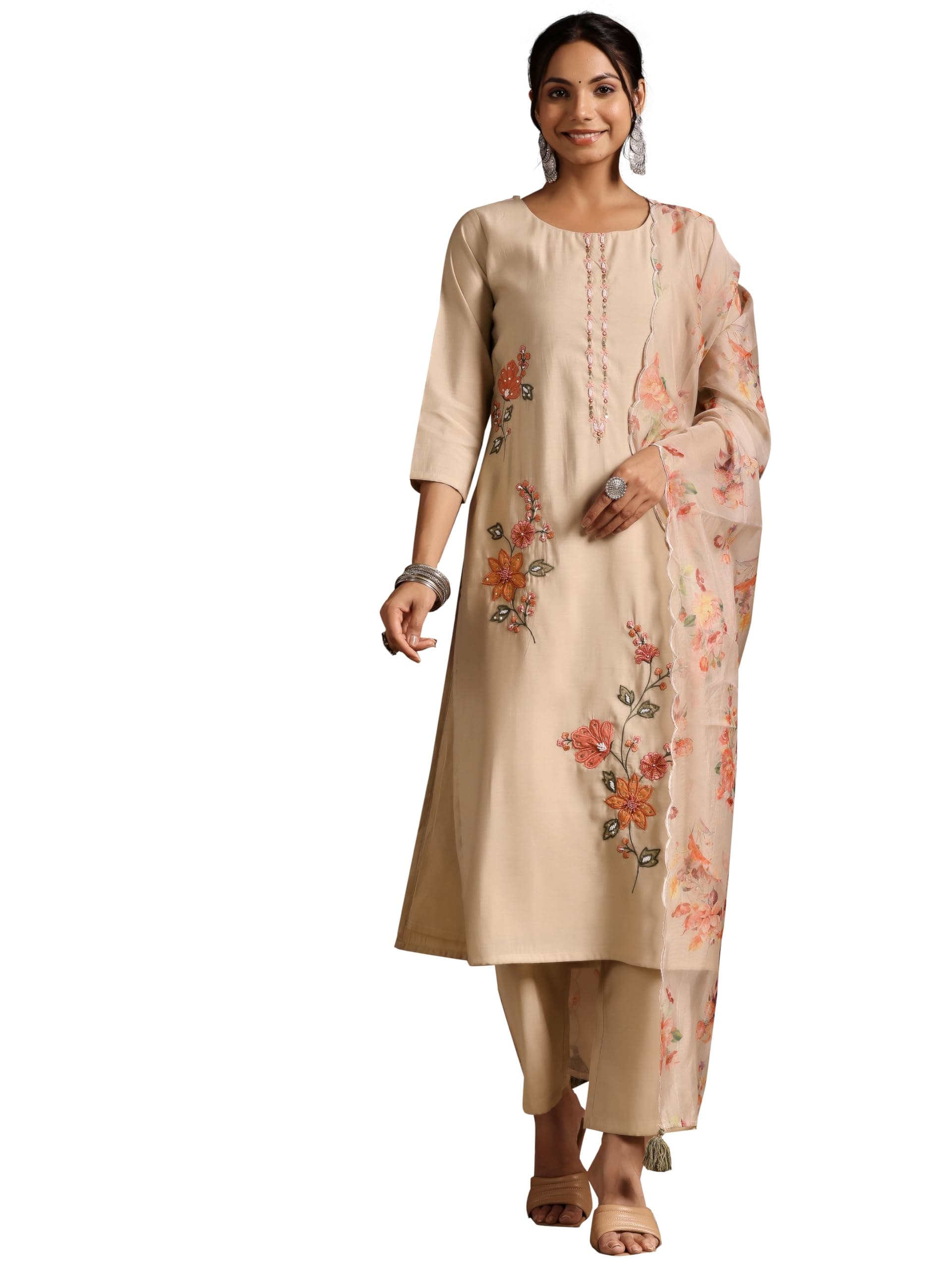 Libas Womens Embroidered Silk Blend Straight Kurta with Trousers and Dupatta | Ethnic wear | Bridal Suit | Wedding Dress | Occasion wear