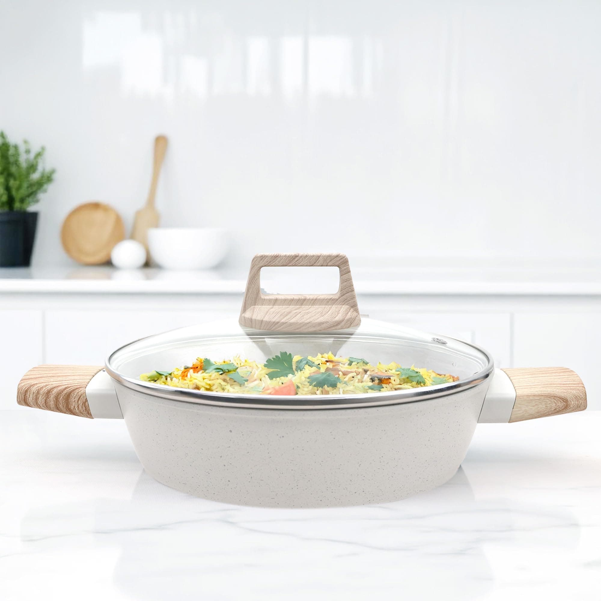 SOLARA Belmont Ceramic Non Stick Kadai With Lid for Cooking, 2.2 Litre/24Cm Non Stick Kadhai, Cast Aluminium Body casserole, Stew Pot, Biriyani Bowl, Gas & Induction Compatible, Ivory