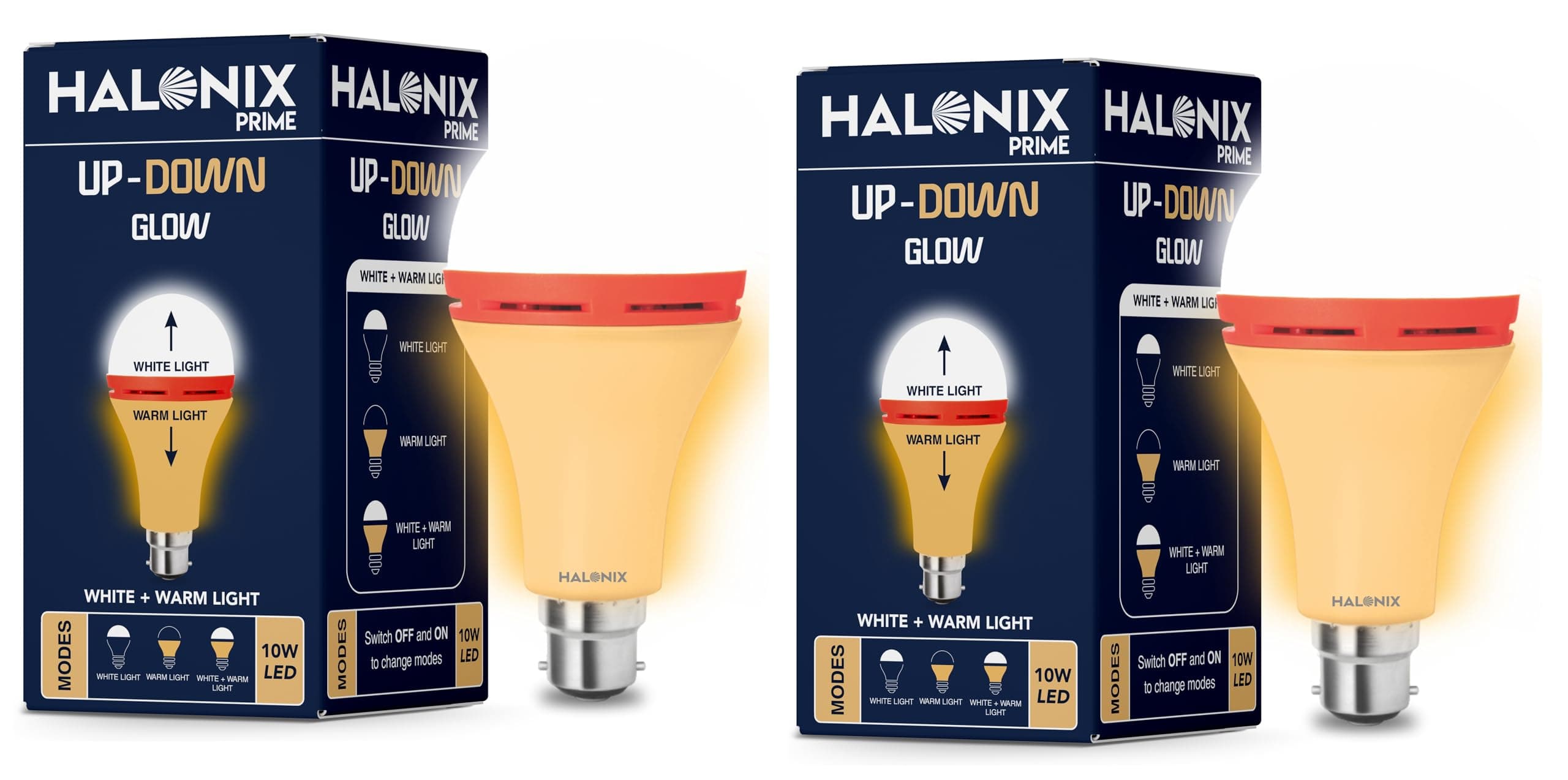 Halonix 10W Up Down Glow Yellow & White 3 Modes led Bulb | Switch On-Switch Off to Change led Bulb Color | Decorative led Bulb | b22d | Pack 2