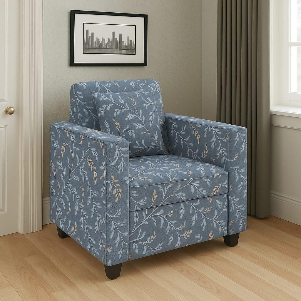 1 Seater Fabric Sofa for Living Room Furniture | Sofa for Home & Office | Fabric Color:- Grey Printed Cushions | Pre-Assembled