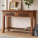 Solid Sheesham Wood Console Table for Living Room | Entryway Hallway Sofa & Fish Tank Table with 2 Drawers & Shelf Storage | Wooden Side Entrance Furniture | Rosewood Honey Finish 1
