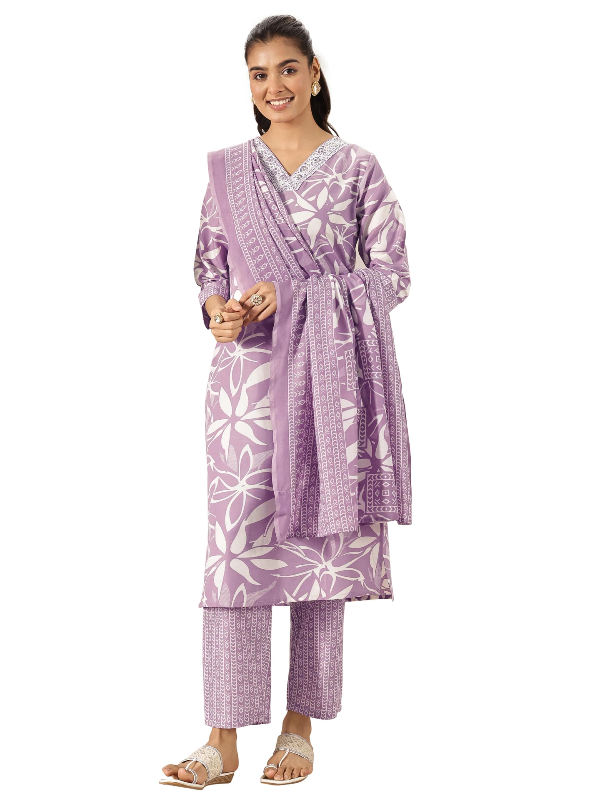 Gerua By Libas Printed Cotton Blend Straight Kurta With Trousers and Dupatta