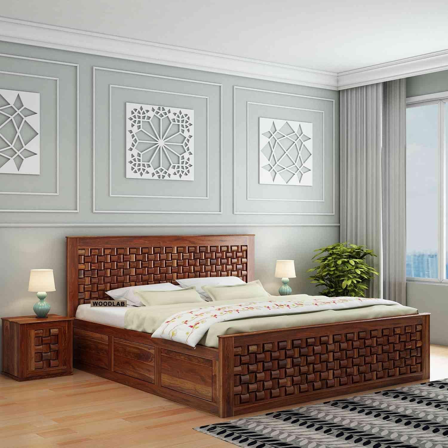WOODLAB Furniture Solid Sheesham Wood Niwar Queen Size Bed with Box Storage Wooden Double Bed Furniture Palang for Bedroom Living Room Home (Honey Finish)
