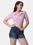 POPWINGS Women Casual Black Solid Collar Crop Top 5