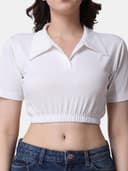 POPWINGS Women Casual Black Solid Collar Crop Top 4