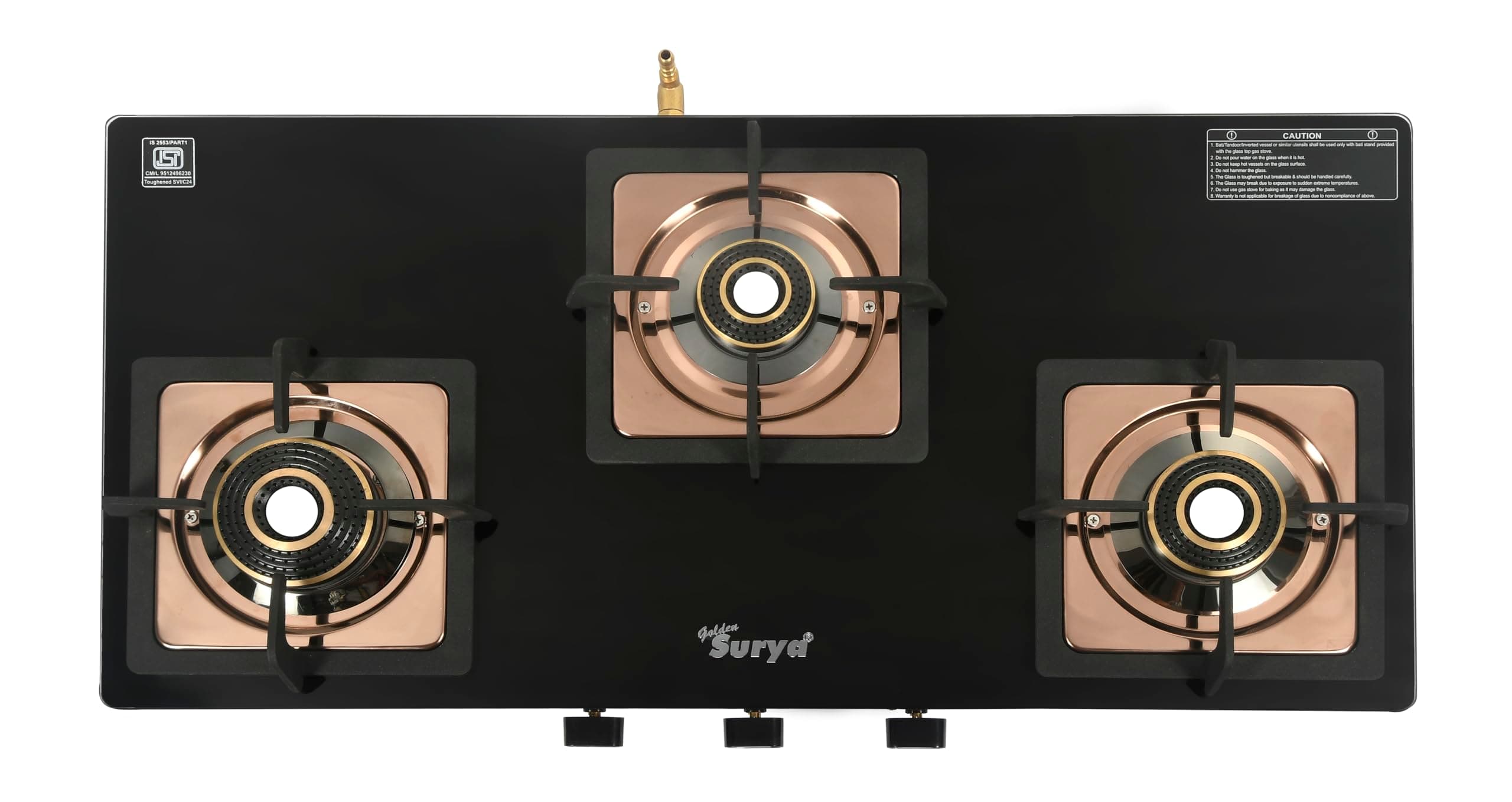 Golden Surya CXJ 32 SS Desire 3 Burner Gas Stove | Forged Brass Burners | Rose Gold Stainless Steel Body | Toughened Glass Top | Manual Ignition | ISI Certified | 18 Months Warranty