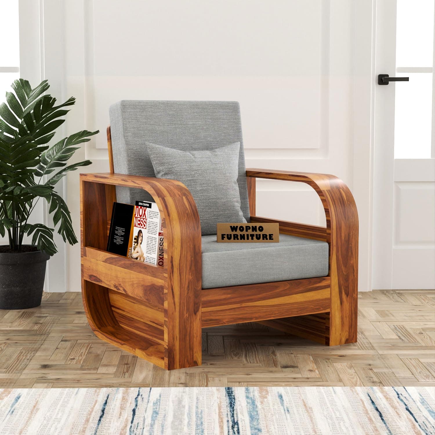 Sheesham Wooden 1 Seater Sofa for Living Room | Solid Wood Sofa | Rosewood Sofa Set for Home & Office | Lounge (Honey,Grey, 1 Seater)