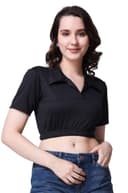 POPWINGS Women Casual Black Solid Collar Crop Top 1