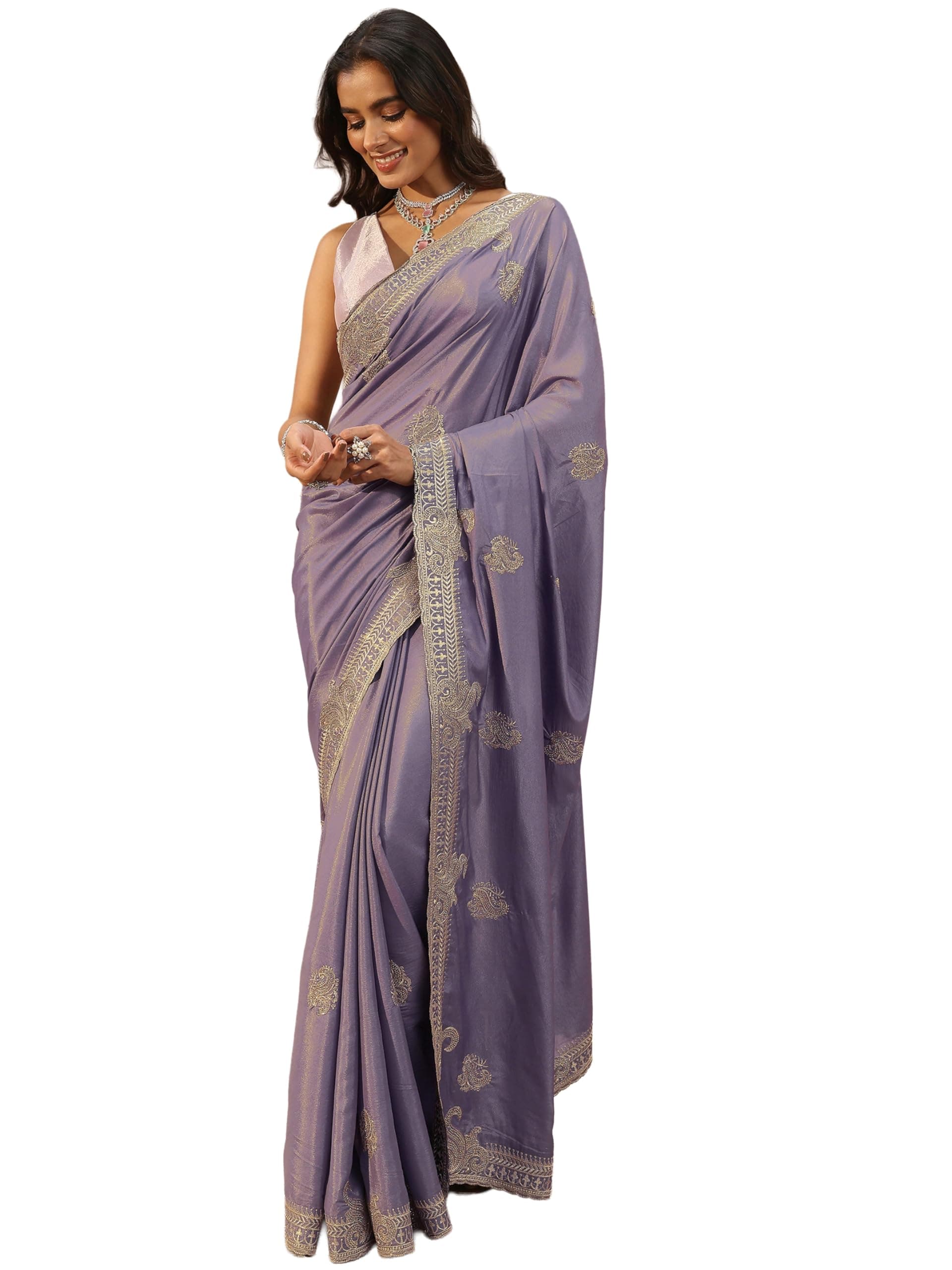 Libas Embroidered Satin Saree for Women With Unstitched Blouse Piece | Traditional Saree for Party & Wedding