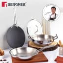 Bergner BE Essentials TriPly 4 Pcs Stainless Steel Cookware Set - 24cm (3.1L) Kadai, 24cm (1.5L) Frypan, Common Flat Glass Lid, 26cm Non-Stick Roti Tawa, Less Oil Use - Induction and Gas Stove Ready 2