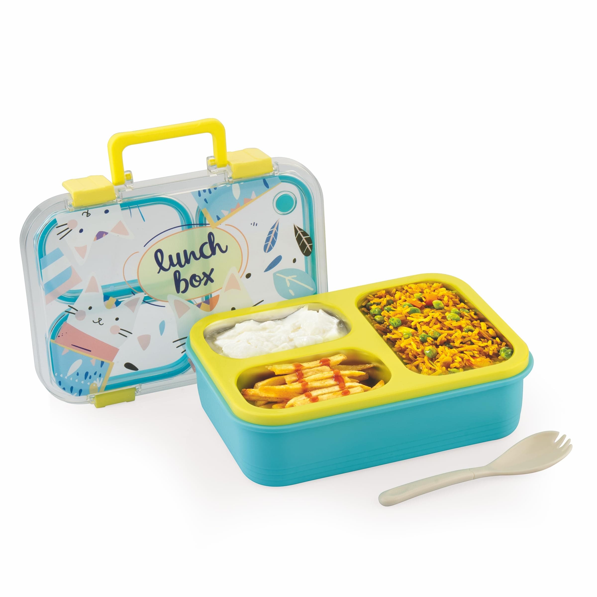 ATTRO Kitty Kart Plastic Lunch Box – 3 Compartment Bento Tiffin, Leak-Proof & Durable, Plastic Cutlery, Ideal for Kids, School,Picnic – 800ml, Yellow Blue