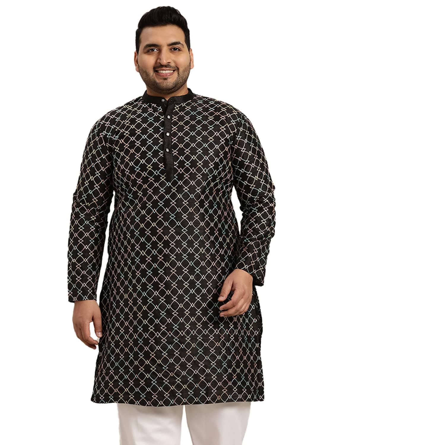 SOJANYA Plus (Since 1958), Men's Navy Blue Silk Blend Long Kurta with Multi Color Embroidery