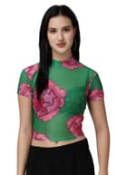 POPWINGS Women Casual Green Black Geomatrics Print Halter Neck Half Sleeve Net Crop Top 1