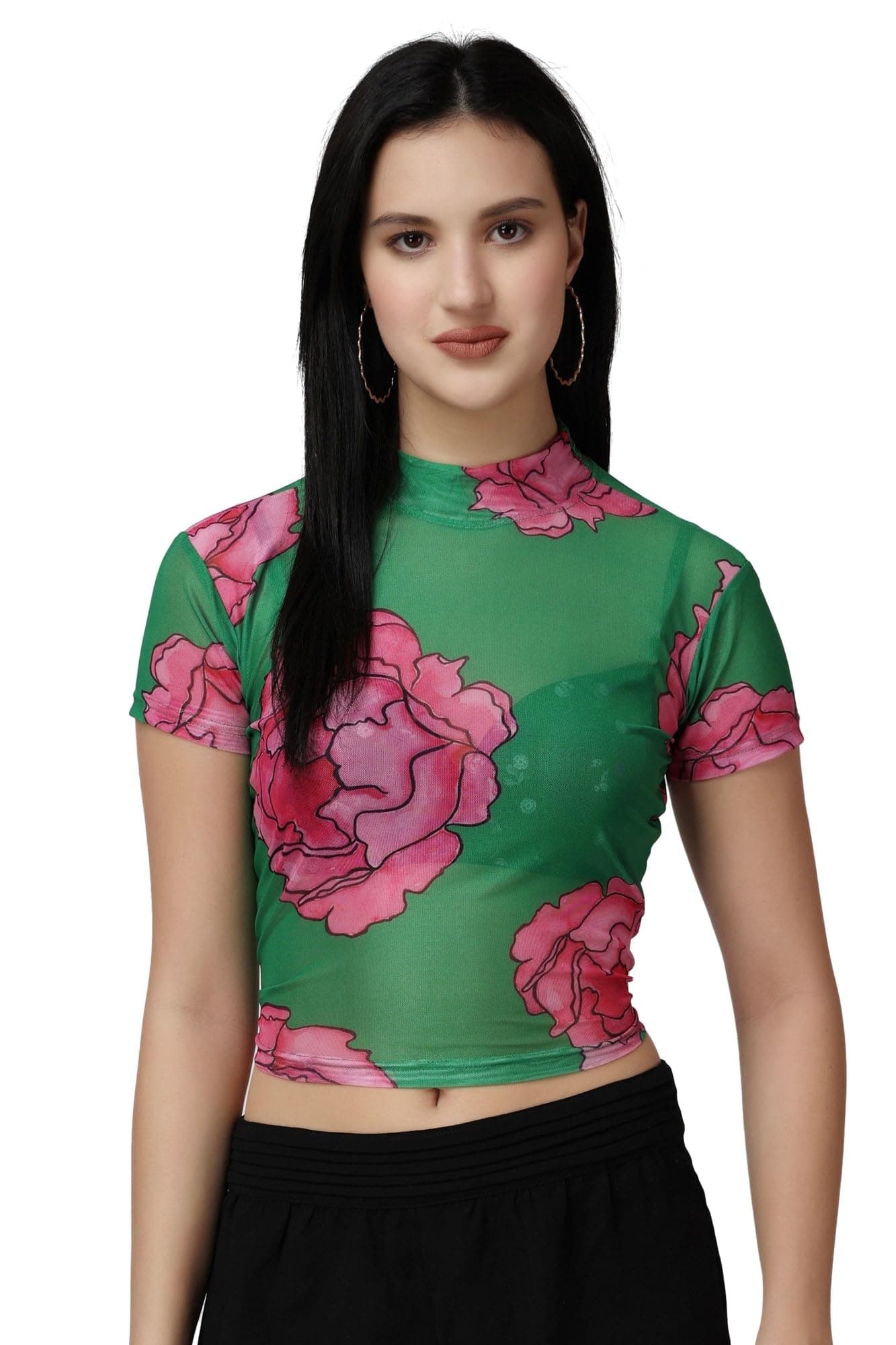 POPWINGS Women Casual Green Black Geomatrics Print Halter Neck Half Sleeve Net Crop Top