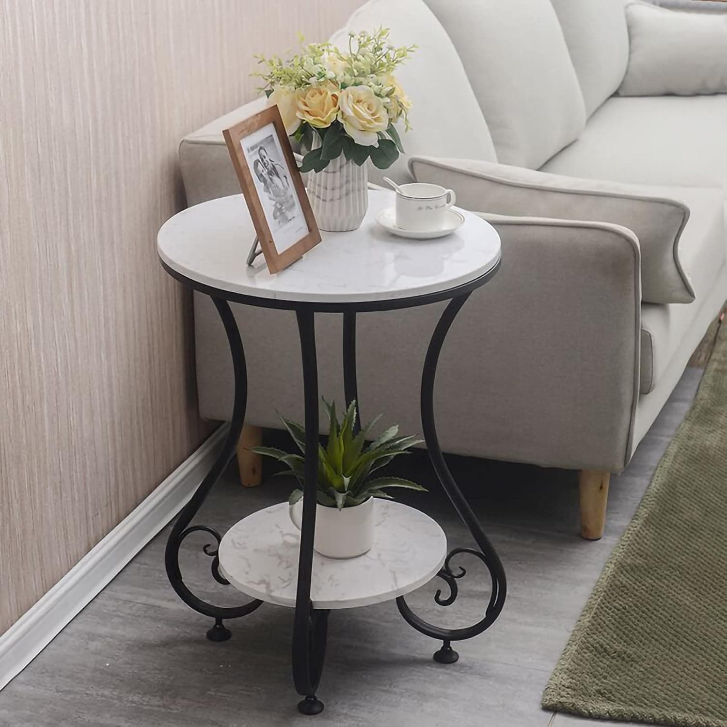 Modern Double-Top Coffee Table with Rustic Farmhouse Accent, Multipurpose Living Room Bedroom, Two-Tier Small Sofa Side Bedside Table with Metal Frame Nightstand (Black White)